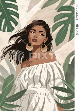 Minimalist Boho Woman with Tropical Leaves and Soft Light 129955448