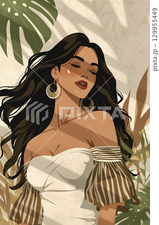 Minimalist Boho Woman with Tropical Leaves and Soft Light 129955449