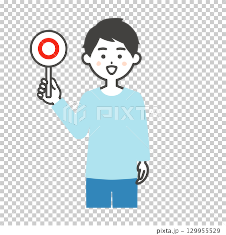一名男子手持正確答案卡的插圖 129955529