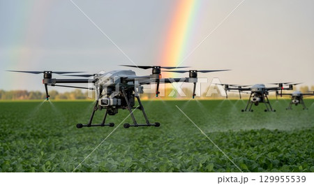 drone hovering on the green field 129955539