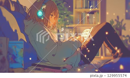 音楽を聴きながら楽譜を読む少女の幻想イラスト 129955574