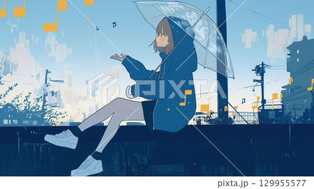 透明傘をさした少女の雨の日イラスト 129955577