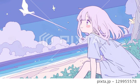海で空を見上げる少女の幻想イラスト 海で空を見上げる少女の幻想イラスト 129955578