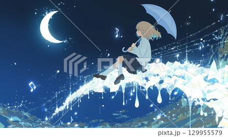 月夜に傘を持つ少女と音符の幻想的イラスト 129955579