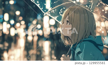 雨の街を見上げる透明傘の少女の幻想イラスト 129955581