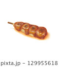 A dango stick. The oil pastel painting of Japanese rice ball dessert hand drawn illustration isolated on white background. 129955618
