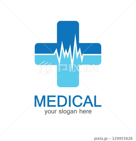 Medical logotype. Pharmacy colored plus cross in a soft shape. Tests, pharmaceutical sign with cardio scheme. Help and health care symbol. Branding identity with cross shape elements. 129955626