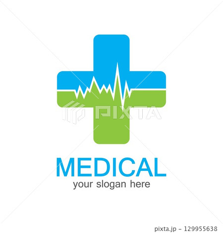 Medical logotype. Pharmacy colored plus cross in a soft shape. Tests, pharmaceutical sign with cardio scheme. Help and health care symbol. Branding identity with cross shape elements. 129955638