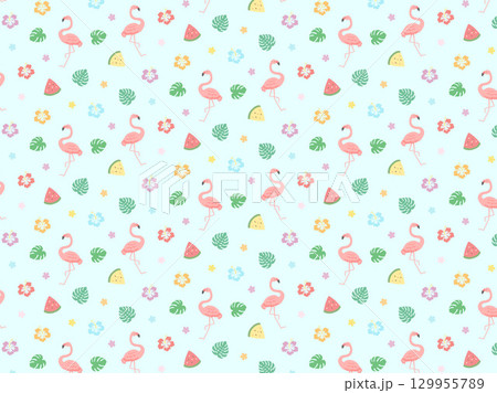 フラミンゴと夏のハイビスカスのパターン 129955789