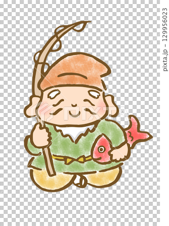 一隻可愛的惠比壽拿著鯛魚和一根魚竿的插圖 129956023