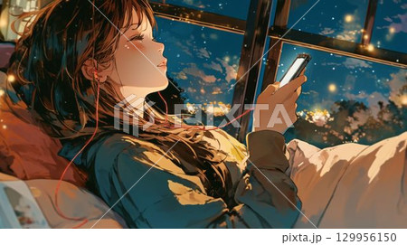 夜空を見ながらイヤホンで音楽を聴く少女のアニメ風イラスト 129956150