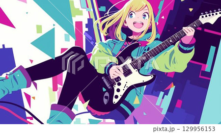 エレキギターを弾く金髪少女のポップアニメ風イラスト エレキギターを弾く金髪少女のポップアニメ風イラスト 129956153