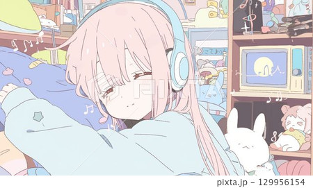 ヘッドホンをつけて眠るピンク髪の女の子のアニメ風イラスト 129956154
