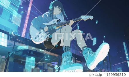 夜の街でギターを弾く少女のアニメ風イラスト 夜の街でギターを弾く少女のアニメ風イラスト 129956210
