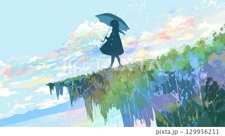 雨の中で傘をさす少女の幻想アニメ風シルエット 129956211