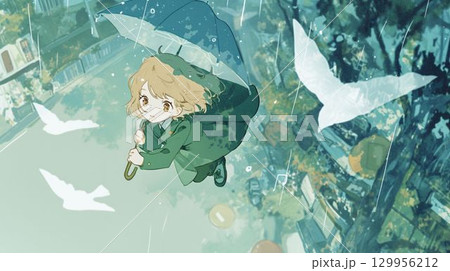 雨の中で傘を差して空を飛ぶ少女 アニメ風ファンタジー 雨の中で傘を差して空を飛ぶ少女 アニメ風ファンタジー 129956212