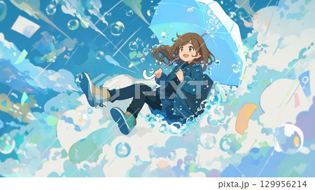 雨の中を楽しそうに浮かぶ少女のアニメ風イラスト 129956214