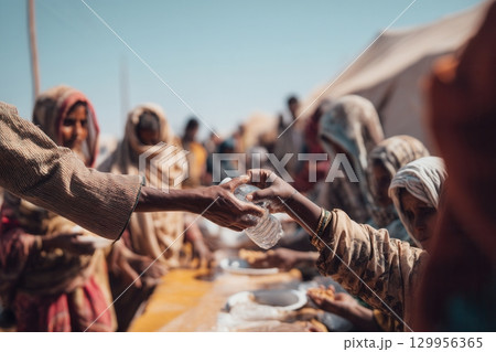 People receiving bottled water aid in a refugee camp setting, showing humanitarian relief efforts People receiving bottled water aid in a refugee camp setting, showing humanitarian relief efforts 129956365