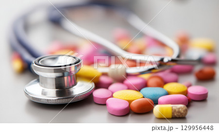 A stethoscope resting among vibrant pills and capsules on a grey surface. Excellent for themes 129956448