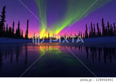 Northern lights over snowy forest and frozen lake at night. Neural network AI generated Northern lights over snowy forest and frozen lake at night. Neural network AI generated 129956491