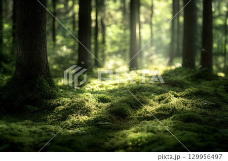 Sunlit mossy forest floor in serene atmosphere. Neural network AI generated 129956497