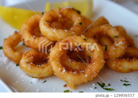 Crispy fried calamari with lemon garnish. Neural network AI generated 129956557