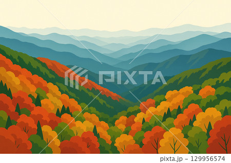 紅葉の山並みと山並み 129956574