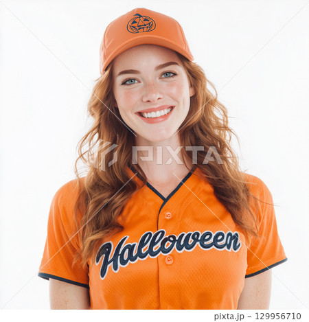 ハロウィン仕様のユニフォームを着た笑顔の女性 ハロウィン仕様のユニフォームを着た笑顔の女性 129956710
