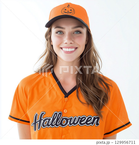 ハロウィン仕様のユニフォームを着た笑顔の女性 ハロウィン仕様のユニフォームを着た笑顔の女性 129956711