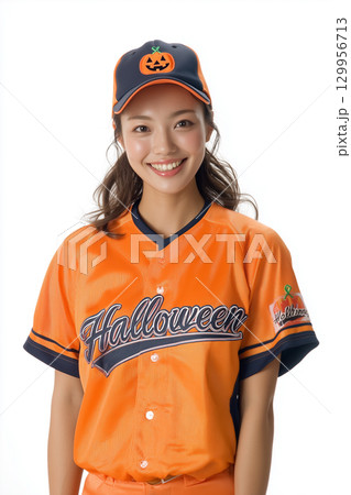 ハロウィン仕様のユニフォームを着た笑顔の日本人女性 ハロウィン仕様のユニフォームを着た笑顔の日本人女性 129956713