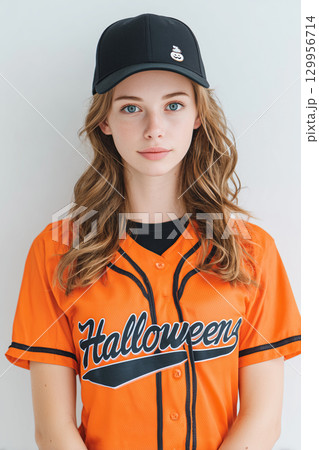 ハロウィン仕様のユニフォームを着た笑顔の女性 ハロウィン仕様のユニフォームを着た笑顔の女性 129956714