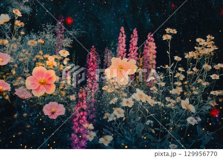Pink cosmos flowers in enchanting garden with soft bokeh. Neural network AI generated 129956770
