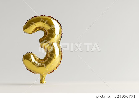 Golden balloon number three isolated on light background. Neural network AI generated 129956771