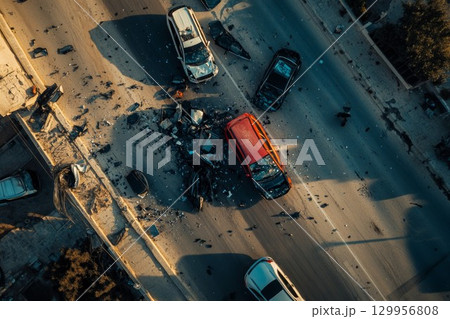 Aerial view of car collision on open road. Neural network AI generated 129956808