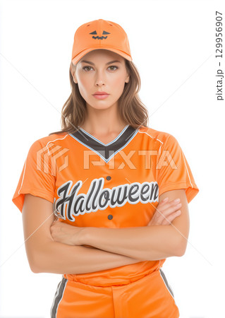 ハロウィン仕様のユニフォームを着た笑顔の女性 129956907