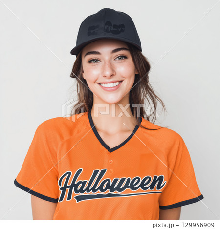 ハロウィン仕様のユニフォームを着た笑顔の女性 129956909