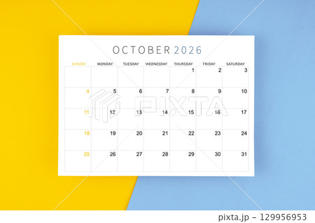 October 2026 calendar page on yellow and blue color background. 129956953