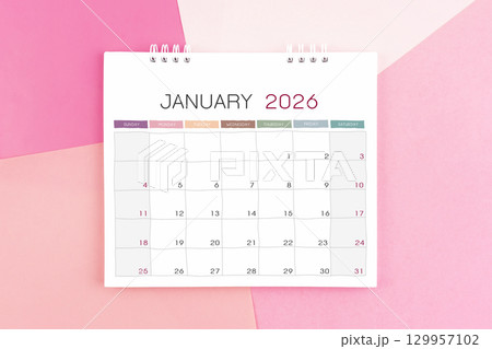January month desk calendar for 2026 year on paper colorful background. 129957102