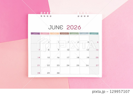June month desk calendar for 2026 year on paper colorful background. 129957107