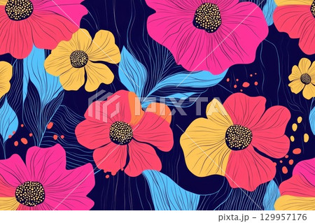 Vibrant floral pattern with dark leaves and striped background. Neural network AI generated 129957176