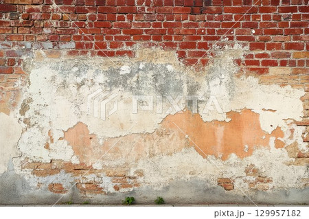Weathered brick wall with peeling paint and textures. Neural network AI generated 129957182