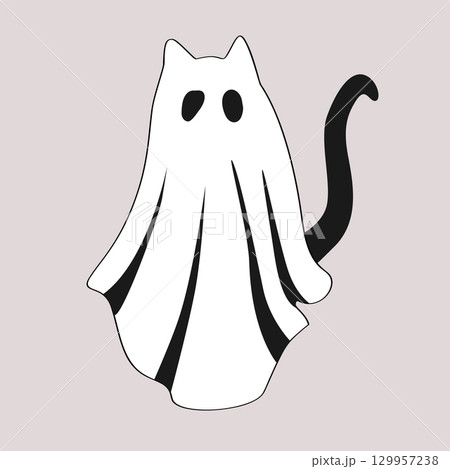 Funny Halloween ghost cat character. Blackkitten in white sheet isolated vector illustration Funny Halloween ghost cat character. Blackkitten in white sheet isolated vector illustration 129957238