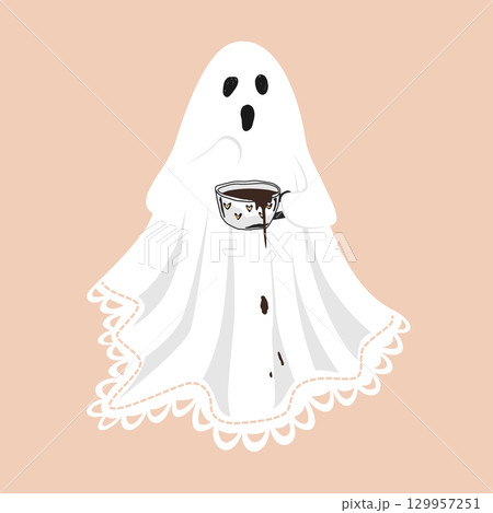 A cute scared lace-sheet ghost, spilling a coffee on its sheet . Sheet ghost holding a mug with hot chocolate. Halloween design element, isolated vector illustration. Fall season aesthetic design. 129957251