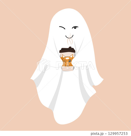 Funny ghost with a hot drink in paper cup. Sheet ghost holding a mug. Halloween design element, isolated vector illustration. Fall season aesthetic cute flat design. 129957253