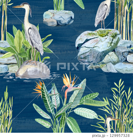 Asian-inspired landscape with herons, tropical plants, stones, water. Watercolor seamless pattern on dark blue. Perfect for botanical designs, exotic patterns, nature themes, zen-style decorations 129957328