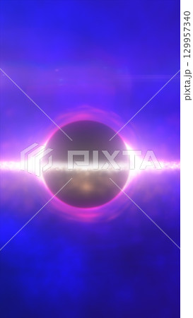 Glowing cosmic sphere emitting intense energy surrounded by a vibrant purple halo against a blue space background 129957340