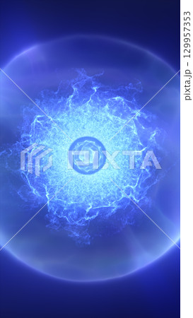 Glowing blue energy core with electric patterns and radiant light on a dark background 129957353