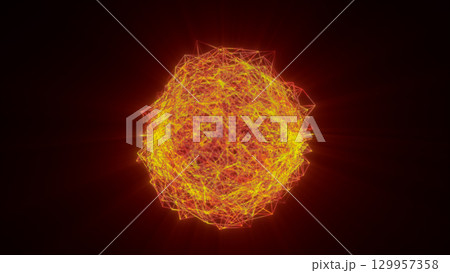 Bright abstract orange sphere made of glowing tangled lines, radiating heat and energy on a dark background Bright abstract orange sphere made of glowing tangled lines, radiating heat and energy on a dark background 129957358