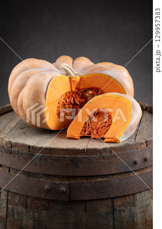 Muscade De Provence Pumpkin With Slice On Barrel Muscade De Provence Pumpkin With Slice On Barrel 129957383