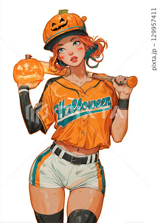 ハロウィンカラーの野球ユニフォームを着た女性キャラクターイラスト 129957411